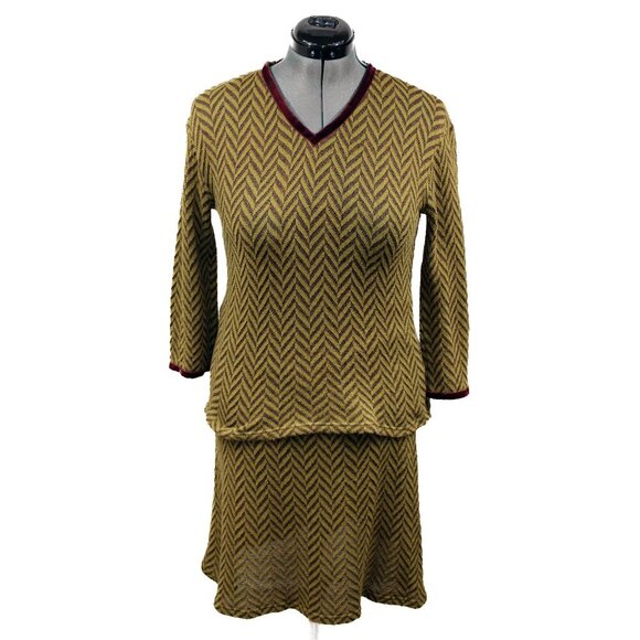 ERICA TANOV Women's Large Olive Green 2 Piece Skirt Sweater Set Chevron Coord - Picture 1 of 7